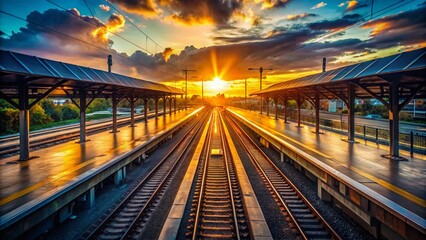 Majestic Sunlit Silhouette of Empty Train Station Platform - 4K Drone Shot