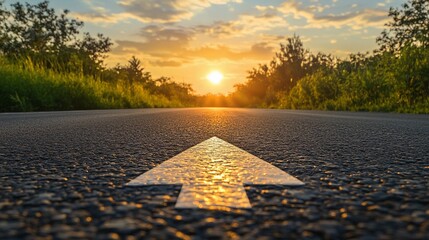 Low-angle view of an arrow on an asphalt road pointing toward a vibrant sunrise, symbolizing direction, hope, and new beginnings