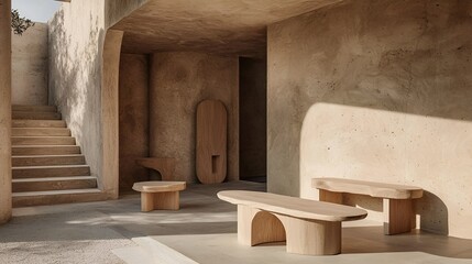 Desert Courtyard Minimalist wood furniture, sunlit concrete walls, staircase, peaceful oasis, architectural design