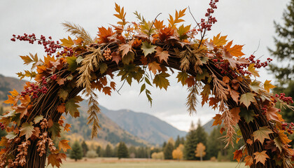 Autumn wedding arch adorned with leaves and berries, cozy celebration, Wedding arch, Spring Weddings