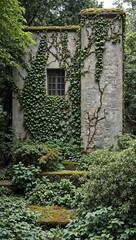 Serene gray stucco wall adorned with lush ivy and vibrant green moss