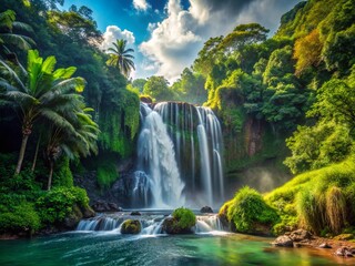 Majestic Waterfall in Lush Tropical Forest Silhouette