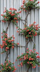 Naklejka premium Industrial wall with vibrant bougainvillea vines in vertical pattern
