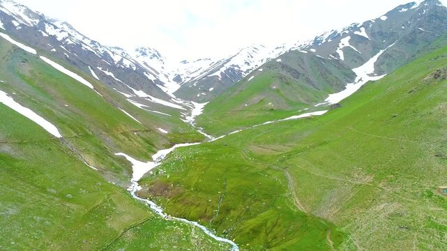 Aerial view of the valley, Parwan Province , Afghanistan, river and grass, in the spring, in daylight.