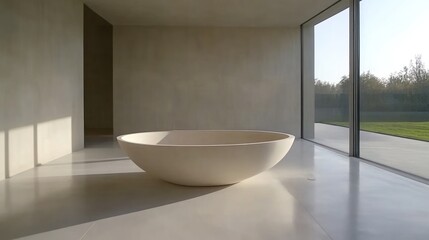 Modern Minimalist Freestanding Oval Bathtub in a Sunlit Room