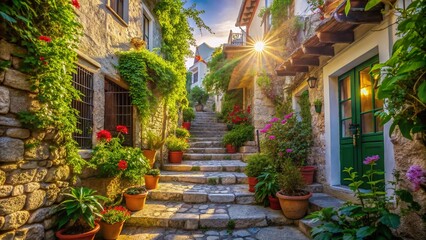 Fototapeta premium Marmaris Old Town: Charming Stairway & Lush Greenery - Vertical Travel Photo