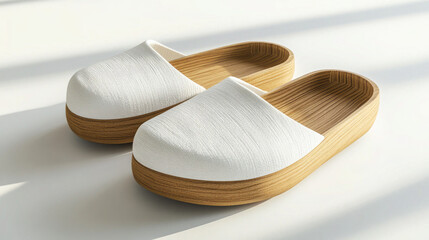 Minimalist Wooden Sandals with White Fabric Straps on Neutral Background