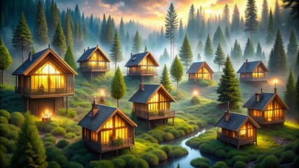 Mesmerizing Double Exposure of Glowing Cabins Nestled in Verdant Greenery