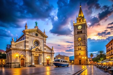 Fototapeta premium Messina Duomo Cathedral Night Photography, Sicily Tourist Train, Piazza View