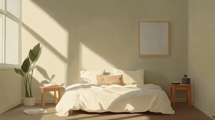 Serene Sunlight Minimalist Bedroom Interior with Natural Light