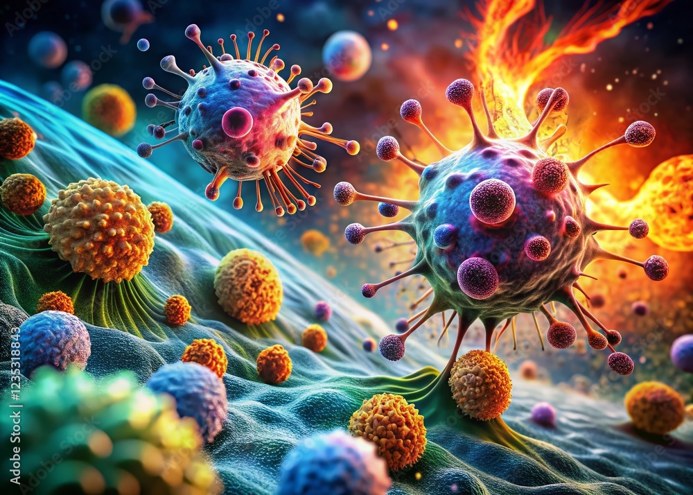 Poster microscopic macroscopic cell attack: close-up view of cellular damage and immune response