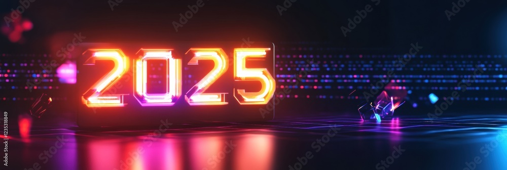 Poster Futuristic digital calendar displaying the year 2025 in vibrant neon colors and sleek design. Generative AI