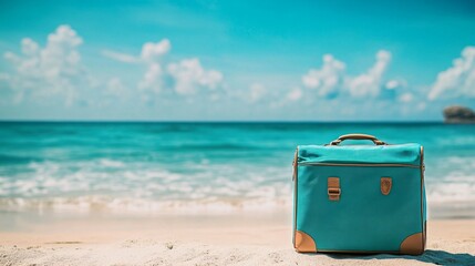 Teal Suitcase On Sandy Beach Tropical Vacation