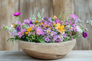 A rustic wooden bowl filled with a vibrant summer flower arrangement