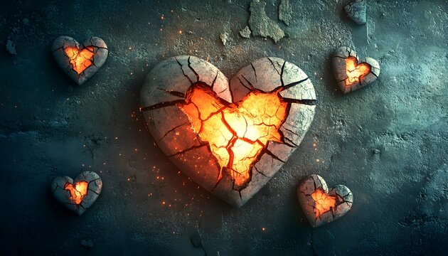 A Broken Stone Heart Glowing Fiercely With Inner Fire