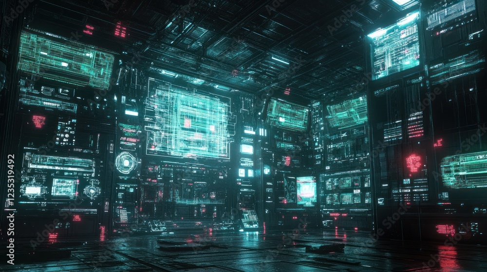 Poster futuristic digital room filled with screens displaying data