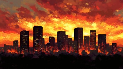 Fototapeta premium Cityscape Inferno Apocalyptic Sunset Over Burning Metropolis
