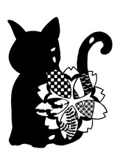 切り絵用の猫のシルエットと和風模様の桜