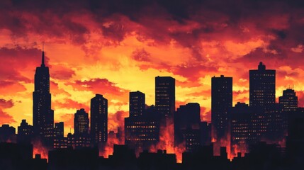 Obraz premium Fiery Sunset Over City Skyline - Dramatic Urban Landscape