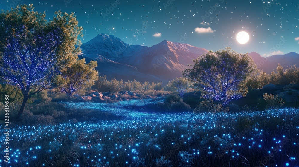 Poster nighttime mountain scene illuminated field glowing trees
