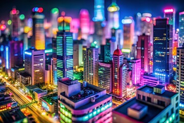 Miniature Neon Cityscape: Vibrant Nightlife Tilt-Shift Photography