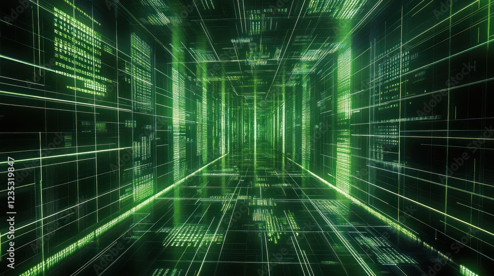Poster Green Digital Corridor Abstract Data Stream Visualization