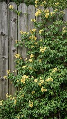 Naklejka premium Rustic fence with blooming honeysuckle vines in yellow