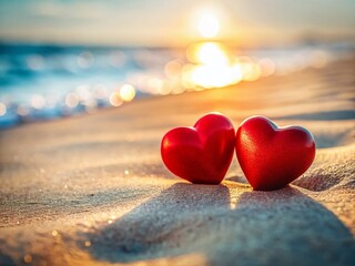 Fototapeta premium Minimalist Beach Romance: Two Red Hearts on Sandy Shore