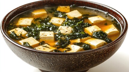 Delicious bowl of tofu soup with seaweed, served in a traditional wooden bowl
