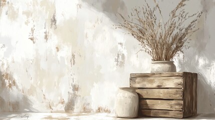 Rustic Still Life Dried Flowers in Earthenware Jars on Wooden Crate Against Weathered Wall