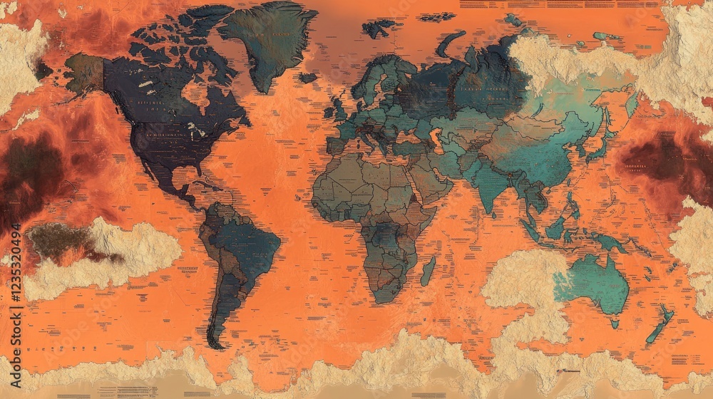 Poster artistic world map with textured countries and oceans