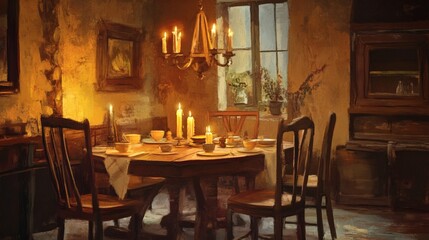 Rustic Dinner Table with Candlelight and Vintage Ambiance
