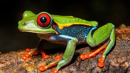Fototapeta premium Red-eyed tree frog on branch, rainforest background, nature photography
