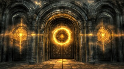 Obraz premium Ancient Golden Doorway In A Dark Stone Hallway