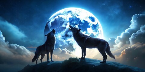 Minimalist Dark Blue Night Sky Two Wolves Howling Stock Photo