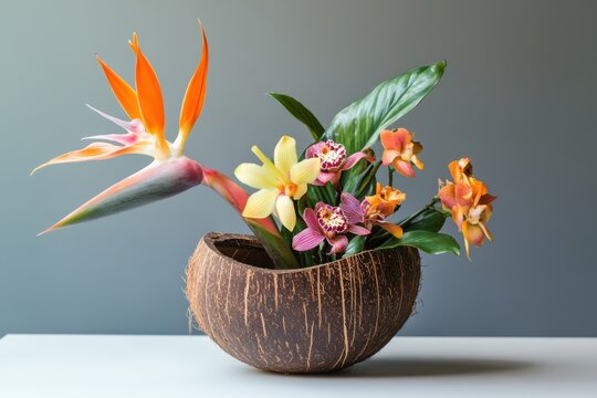 Exotic tropical flowers arranged in coconut shell