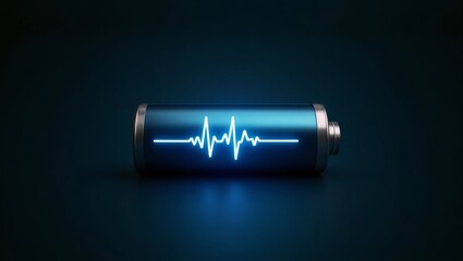 Futuristic metallic battery with glowing ecg line