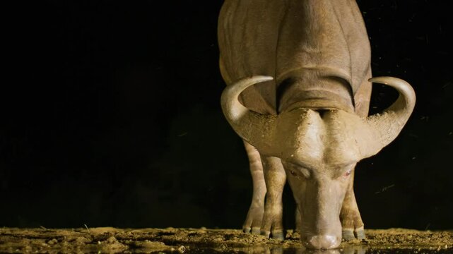 Close up footage of afrcian buffaloes (Syncerus caffer) drinking water at night.