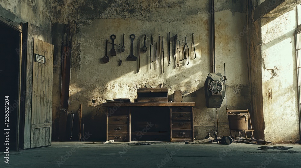 Poster Old Dusty Workshop With Tools And Workbench
