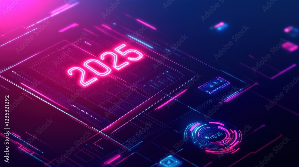 Aufkleber futuristic digital calendar showcasing the year 2025 in a sleek neon design with vibrant colors and 