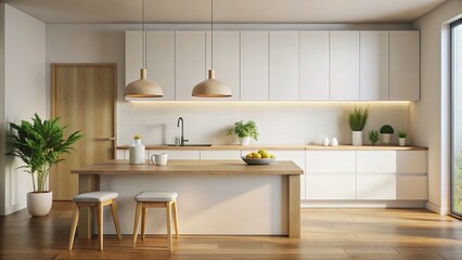 Fototapeta premium Minimalist Kitchen: Blank Canvas on Countertop, Modern Interior Design Stock Photo