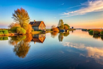 Fototapeta premium Minimalist Lake Beulakerwijde, Giethoorn, Netherlands: Serene Water Reflections