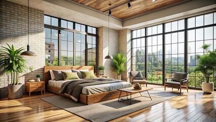 Naklejka premium Minimalist Loft Bedroom Interior with Panoramic Windows