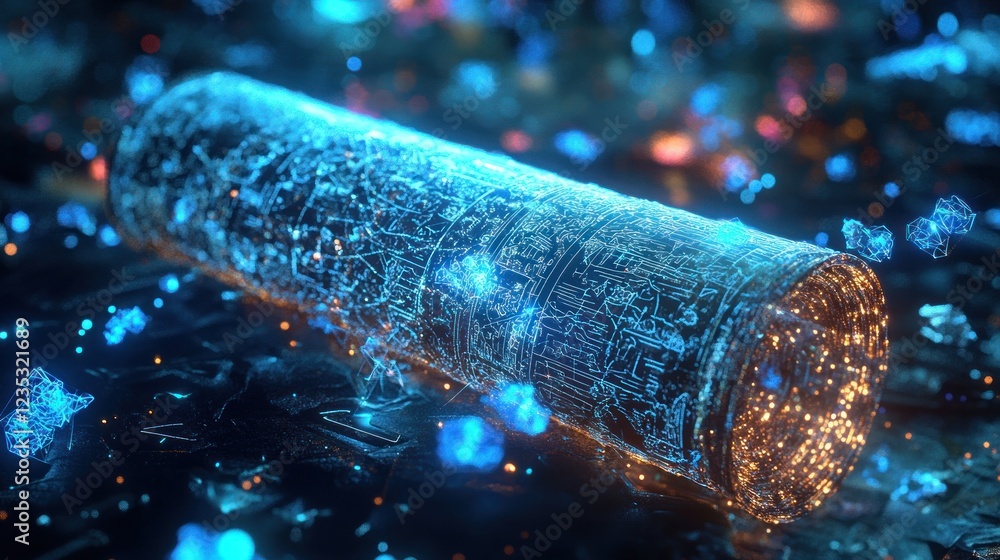 Poster ancient scroll illuminated with digital light effects