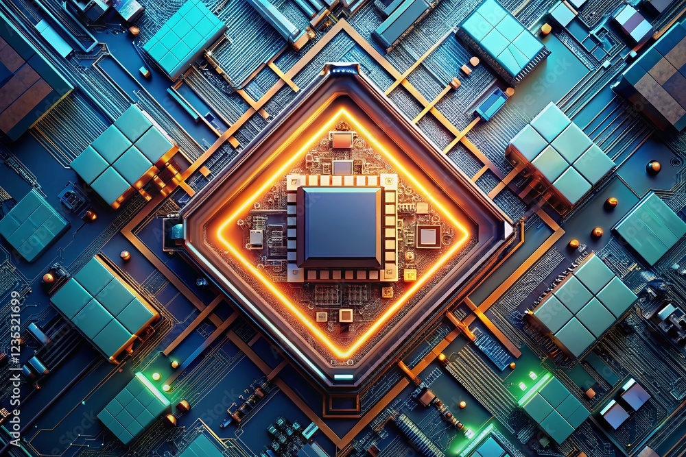 Poster minimalist overhead blueprint: modern ai processor architecture