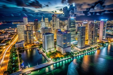 Fototapeta premium Minimalist Night Aerial: Miami Skyline Illumination, Florida