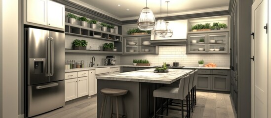 Modern Farmhouse Kitchen Design: Elegant Gray and White Cabinetry with Marble Island