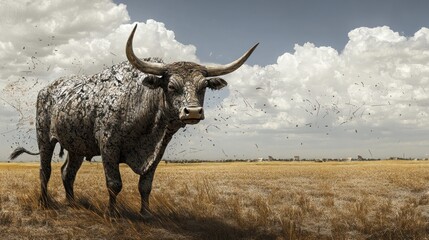 Majestic Bull Disintegrating In A Dry Field