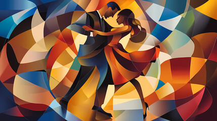 The beauty of dance. contemporary latin american couple dancing salsa passionately in an abstract cubist art style. Cubist Abstraction. Illustration