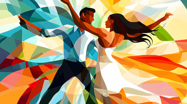 The beauty of dance. contemporary latin american couple dancing salsa passionately in an abstract cubist art style. Cubist Abstraction. Illustration